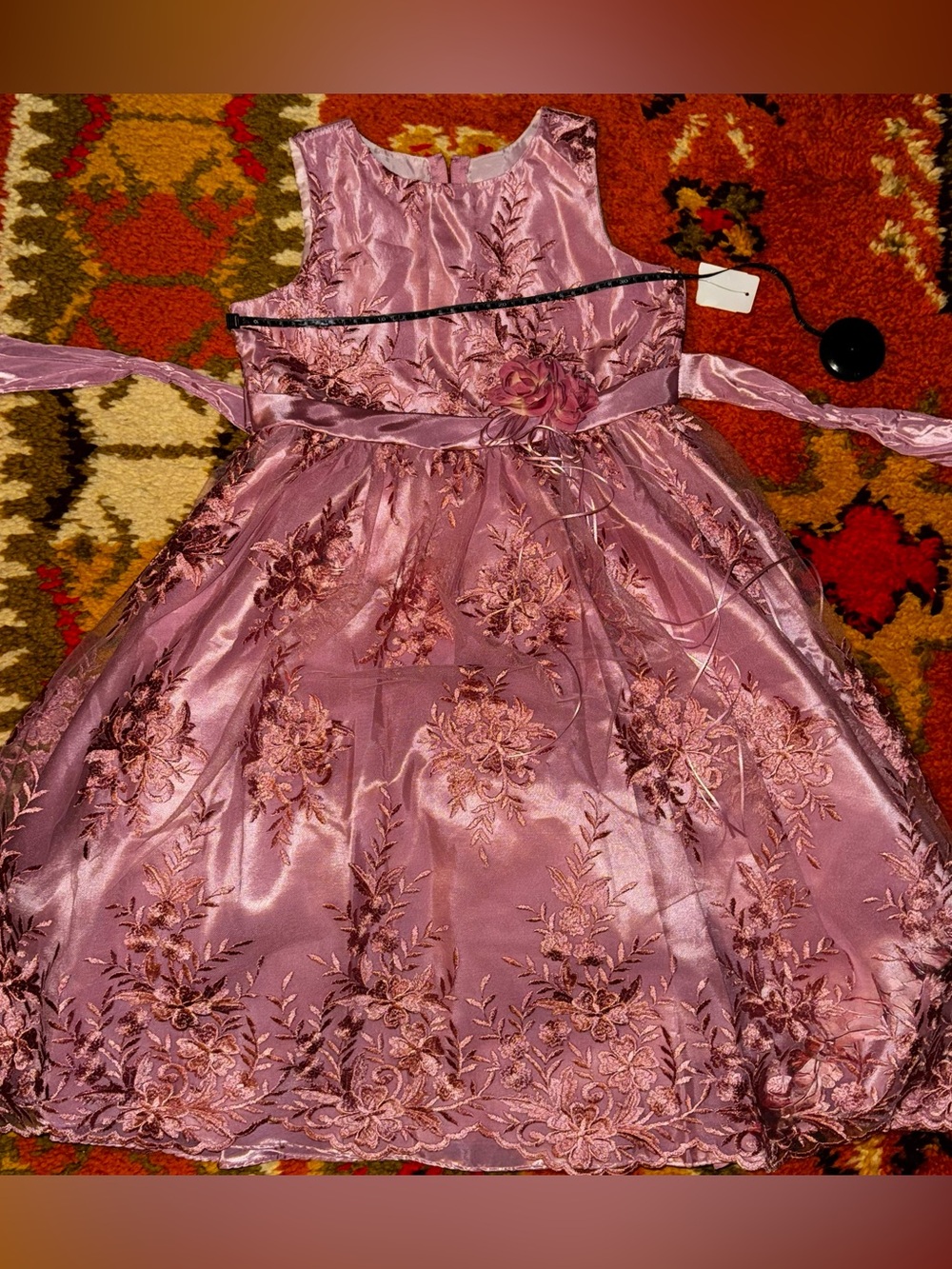 Girls' Dusty Rose Floral Embroidered Satin Party Dress